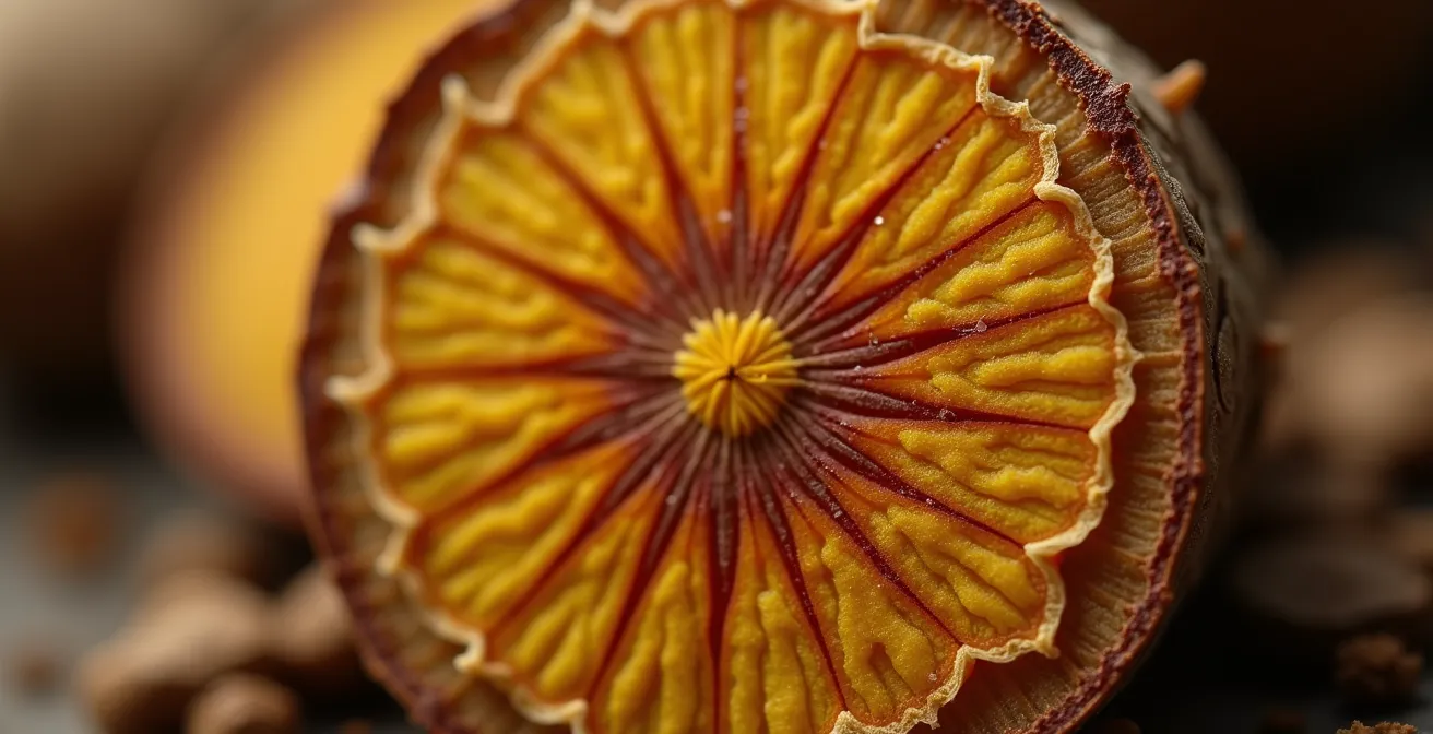 Gros plan macro sur racine de rhodiola avec texture détaillée