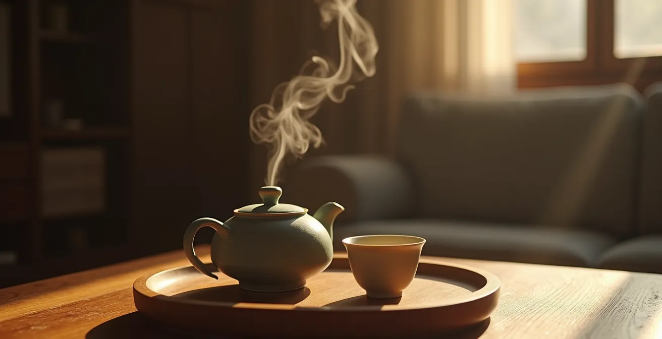 Théière fumante sur plateau en bois dans ambiance feutrée du soir