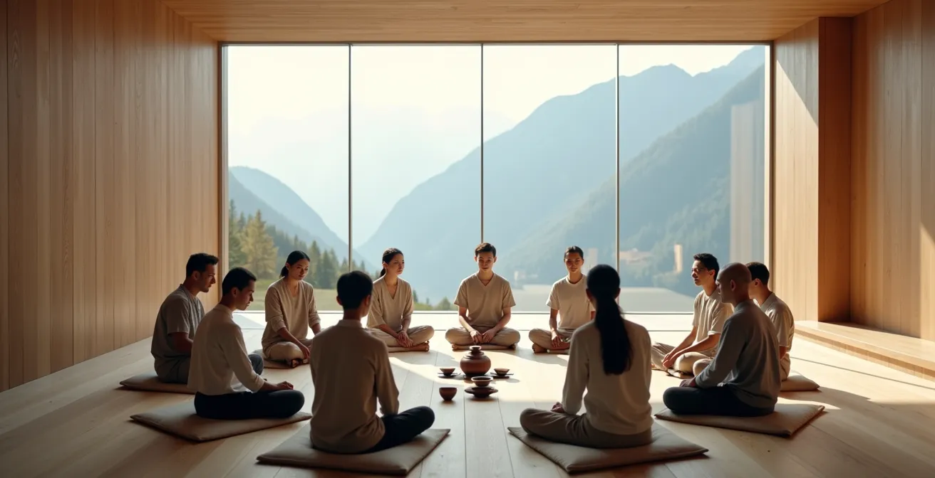 Groupe d'invités en cercle partageant le thé dans un espace épuré aux lignes architecturales