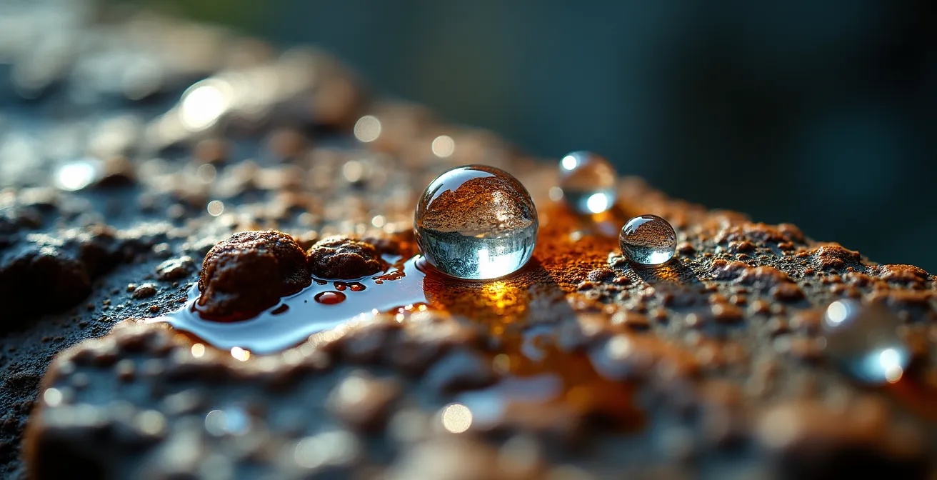 Gouttelettes d'eau cristalline sur surface céramique japonaise avec texture alpine